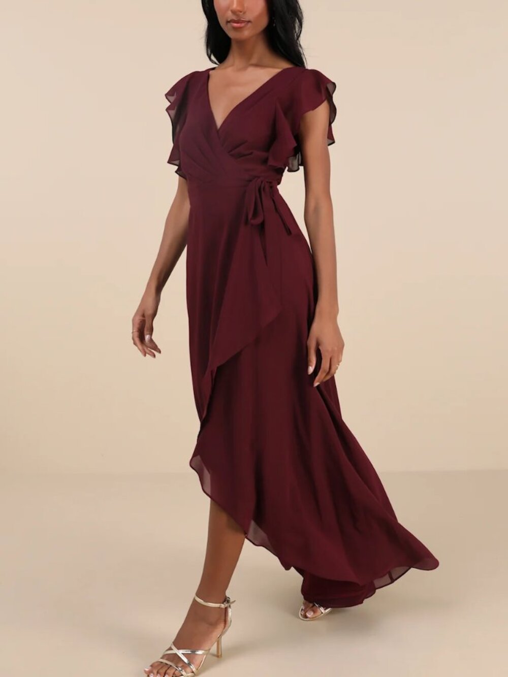 Ravishing Charm Burgundy Ruffled Wrap High-Low Maxi Dress from Lulus